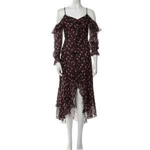 Intermix Silk Floral Cold Shoulder Ruffle High Low Midi Dress Black Pink Size 0